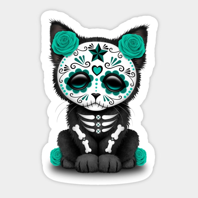 Cute Teal Blue Day of the Dead Kitten Cat Sticker by jeffbartels